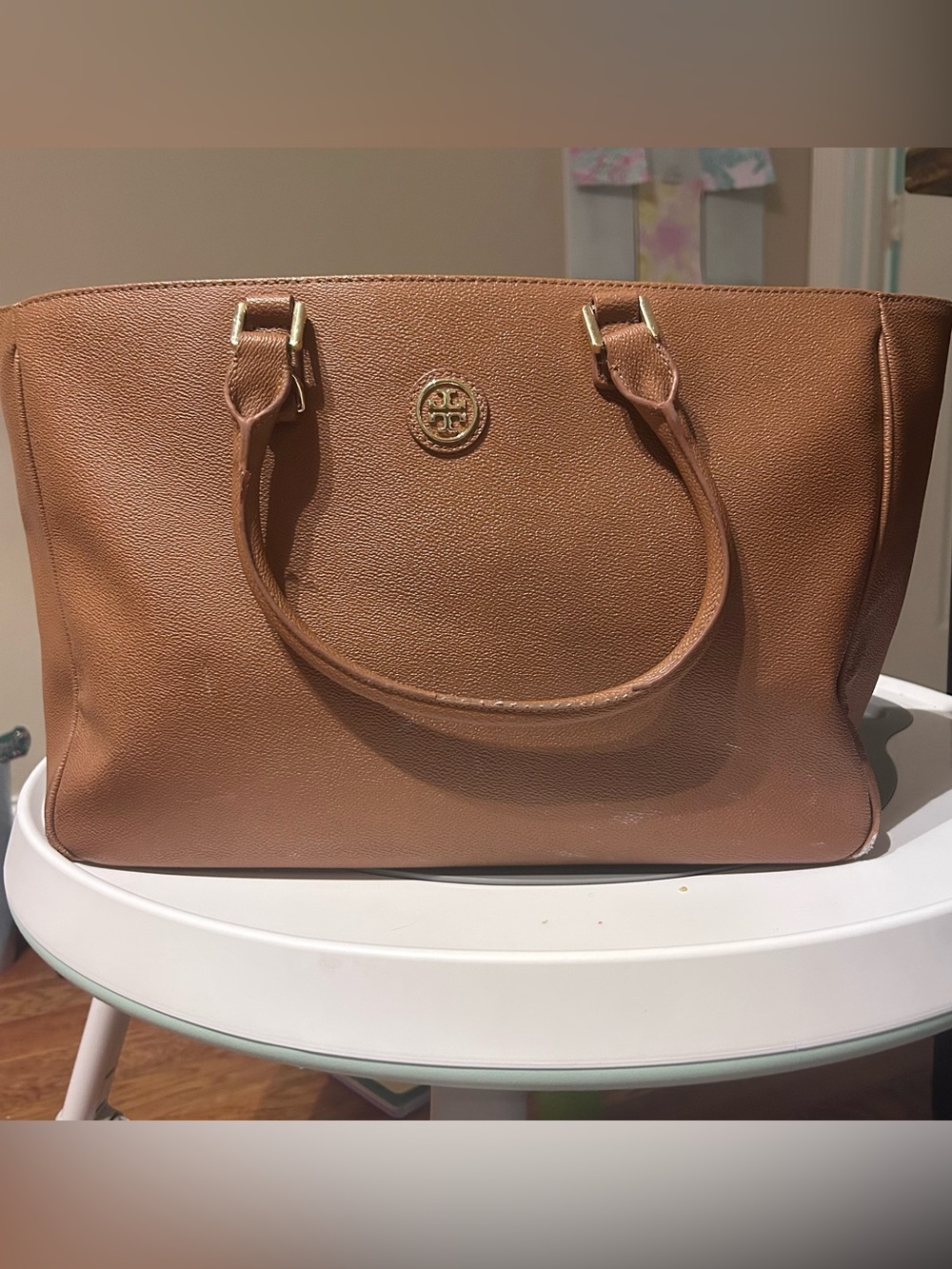 Tory Burch Brown/Camel Leather Tote with Gold Logo